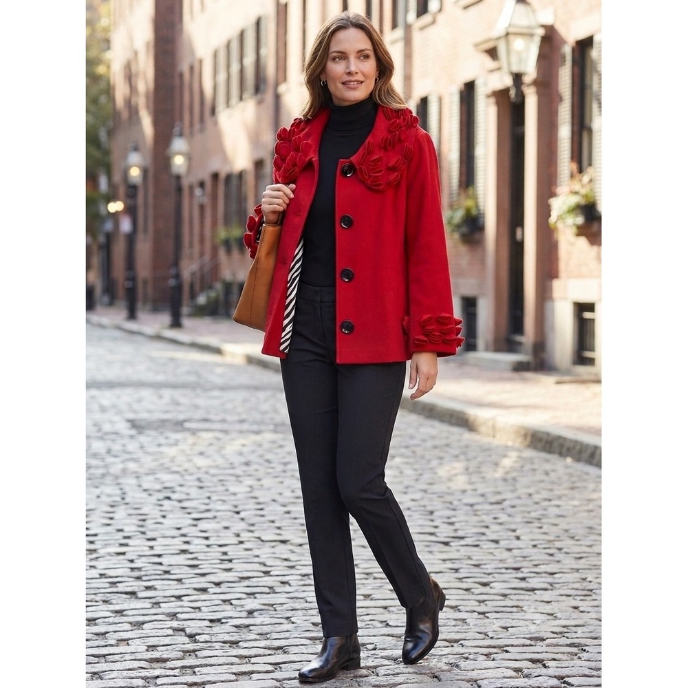 Ali Miles red swing jacket coat Size 2X dramatic ruffled collar artsy wool blend